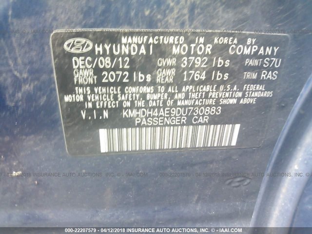 KMHDH4AE9DU730883 - 2013 HYUNDAI ELANTRA GLS/LIMITED BLUE photo 9