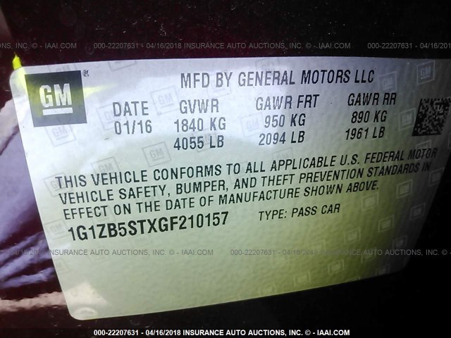 1G1ZB5STXGF210157 - 2016 CHEVROLET MALIBU LS MAROON photo 9