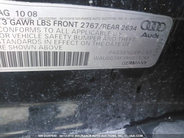 WAUSG74F39N015259 - 2009 AUDI A6 BLACK photo 9