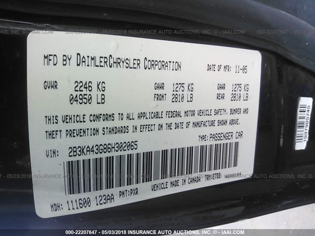 2B3KA43G86H302065 - 2006 DODGE CHARGER SE/SXT BLACK photo 9