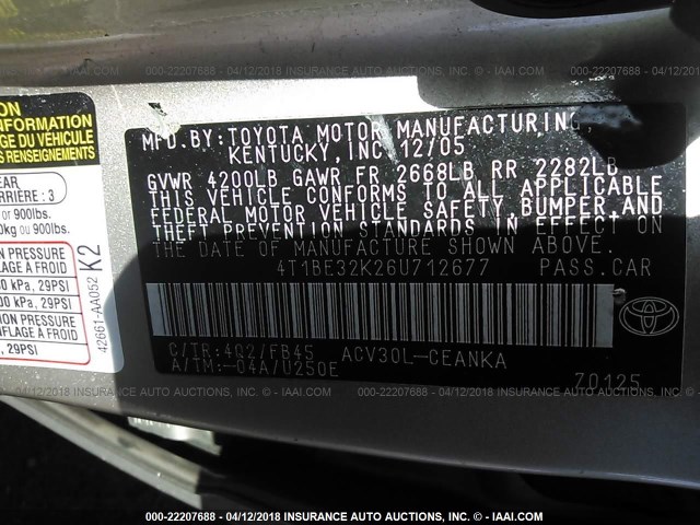 4T1BE32K26U712677 - 2006 TOYOTA CAMRY LE/XLE/SE 米色 照片 9