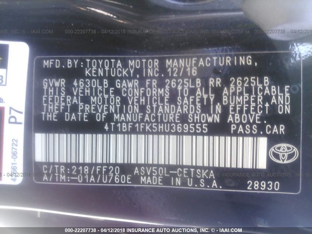 4T1BF1FK5HU369555 - 2017 TOYOTA CAMRY LE/XLE/SE/XSE BLACK photo 9