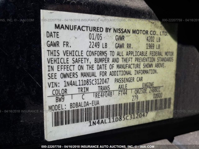 1N4AL11D85C312047 - 2005 NISSAN ALTIMA S/SL BLUE photo 9