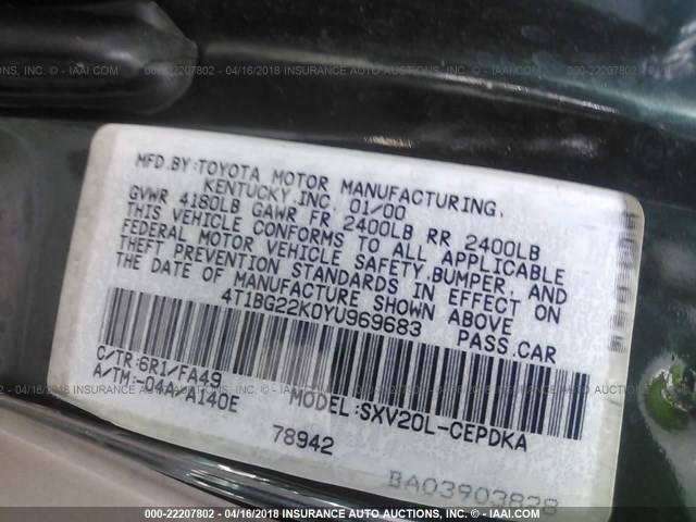 4T1BG22K0YU969683 - 2000 TOYOTA CAMRY CE/LE/XLE 绿色 照片 9