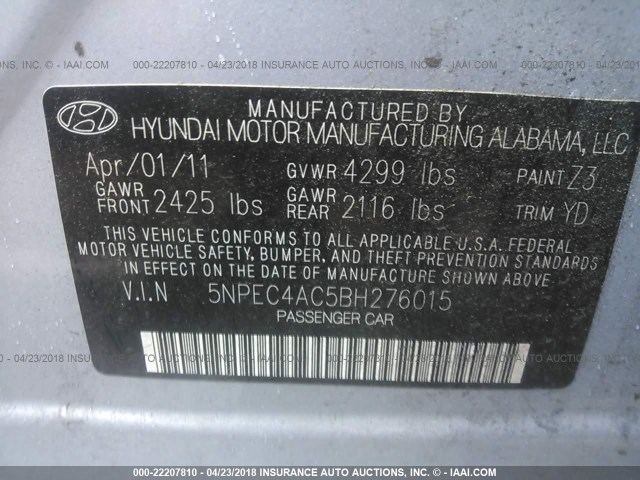 5NPEC4AC5BH276015 - 2011 HYUNDAI SONATA SE/LIMITED BLUE photo 9