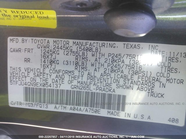 5TFJU4GN9EX054137 - 2014 TOYOTA TACOMA DOUBLE CAB PRERUNNER GRAY photo 9