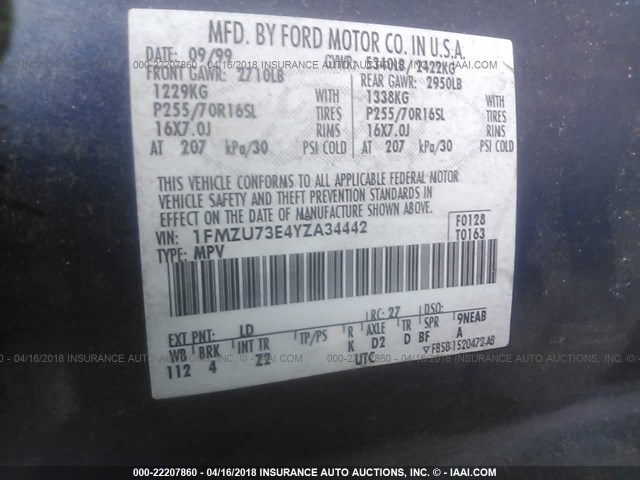 1FMZU73E4YZA34442 - 2000 FORD EXPLORER XLT BLUE photo 9