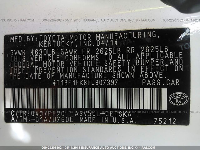 4T1BF1FK8EU807397 - 2014 TOYOTA CAMRY L/SE/LE/XLE Ağ foto 9