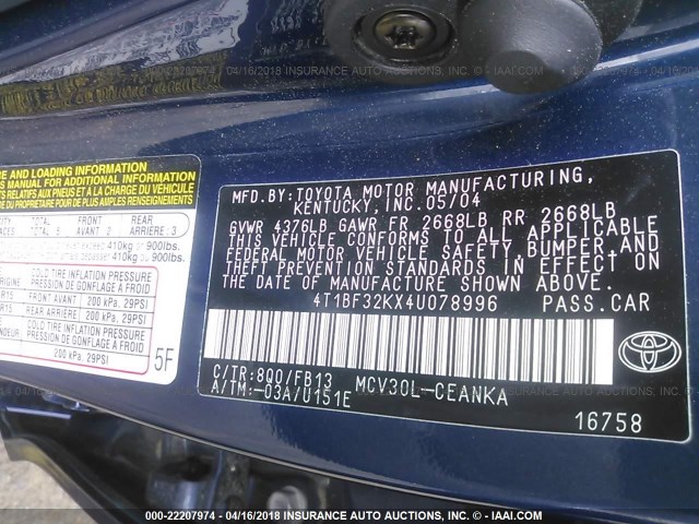 4T1BF32KX4U078996 - 2004 TOYOTA CAMRY LE/XLE/SE Mavi foto 9