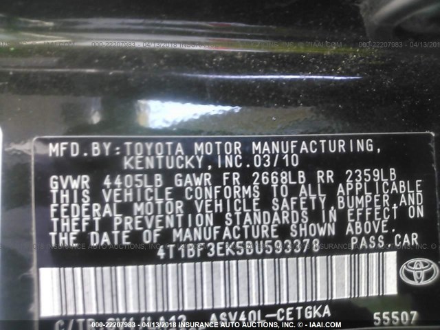 4T1BF3EK5BU593378 - 2011 TOYOTA CAMRY SE/LE/XLE GREEN photo 9