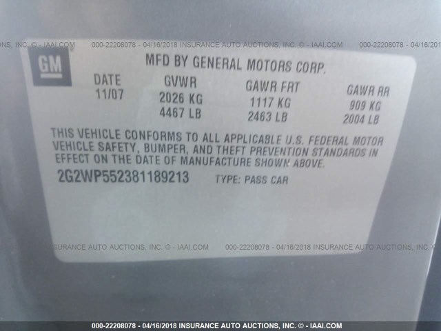 2G2WP552381189213 - 2008 PONTIAC GRAND PRIX SILVER photo 9