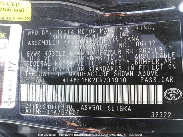 4T4BF1FK2CR231910 - 2012 TOYOTA CAMRY SE/LE/XLE შავი ფოტო 9