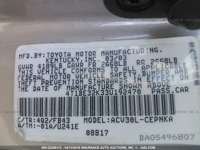 4T1BE32K33U192470 - 2003 TOYOTA CAMRY LE/XLE/SE ოქროსფერი ფოტო 9