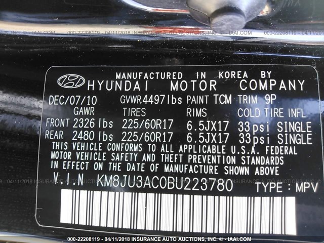 KM8JU3AC0BU223780 - 2011 HYUNDAI TUCSON GLS/LIMITED შავი ფოტო 9