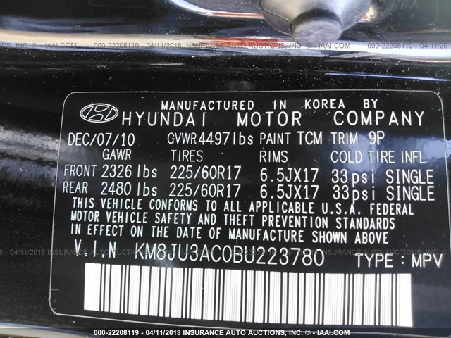 KM8JU3AC0BU223780 - 2011 HYUNDAI TUCSON GLS/LIMITED BLACK photo 9