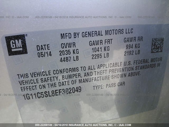 1G11C5SL8EF302049 - 2014 CHEVROLET MALIBU 1LT 金色 照片 9