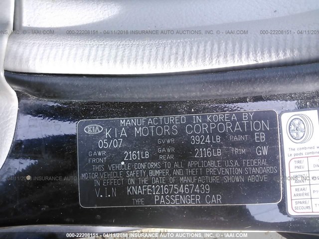 KNAFE121675467439 - 2007 KIA SPECTRA EX/LX BLACK photo 9