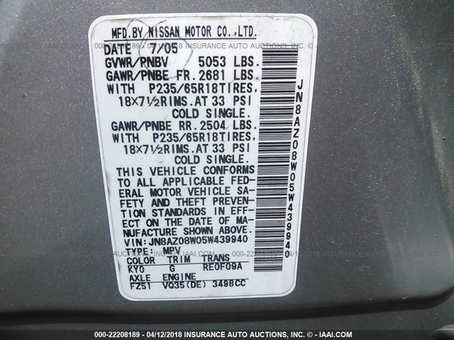 JN8AZ08W05W439940 - 2005 NISSAN MURANO SL/SE/S SILVER photo 9