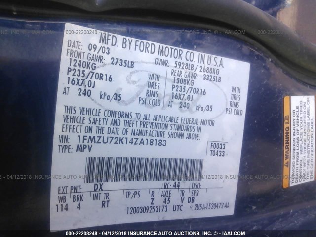 1FMZU72K14ZA18183 - 2004 FORD EXPLORER XLS/XLS SPORT BLUE photo 9