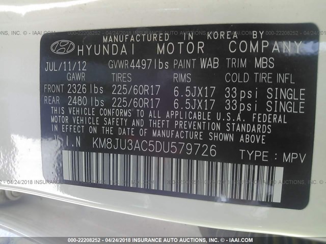 KM8JU3AC5DU579726 - 2013 HYUNDAI TUCSON GLS/LIMITED WHITE photo 9