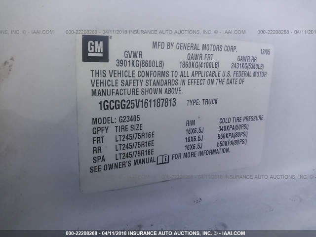 1GCGG25V161187813 - 2006 CHEVROLET EXPRESS G2500  WHITE photo 9