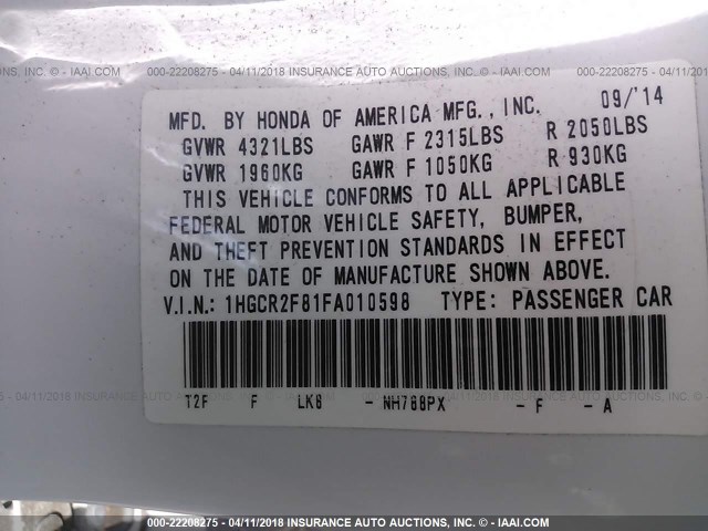 1HGCR2F81FA010598 - 2015 HONDA ACCORD EXL WHITE photo 9