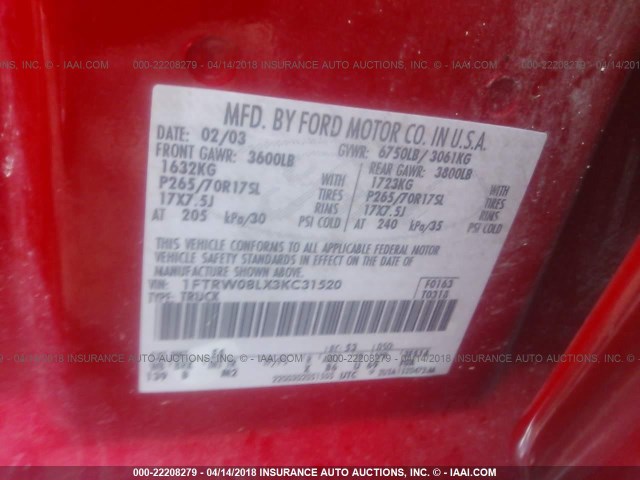 1FTRW08LX3KC31520 - 2003 FORD F150 SUPERCREW RED photo 9