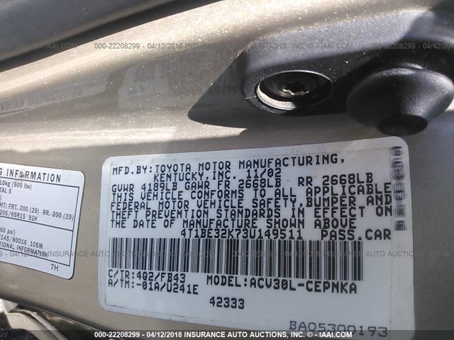 4T1BE32K73U149511 - 2003 TOYOTA CAMRY LE/XLE/SE GOLD photo 9