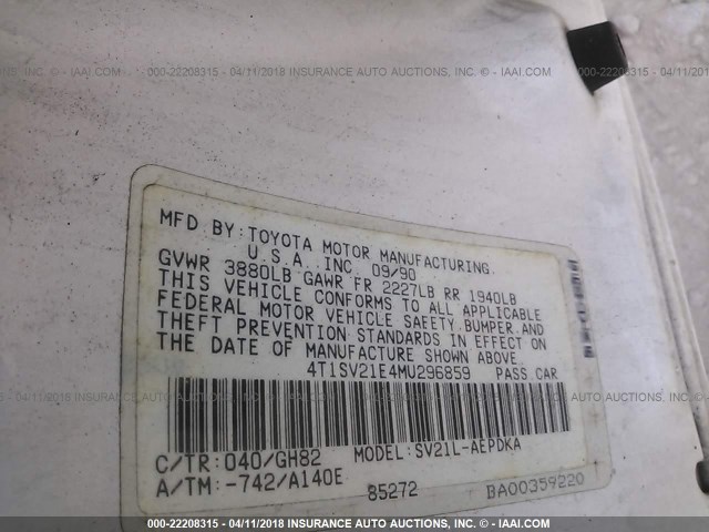 4T1SV21E4MU296859 - 1991 TOYOTA CAMRY DLX 白色 照片 9