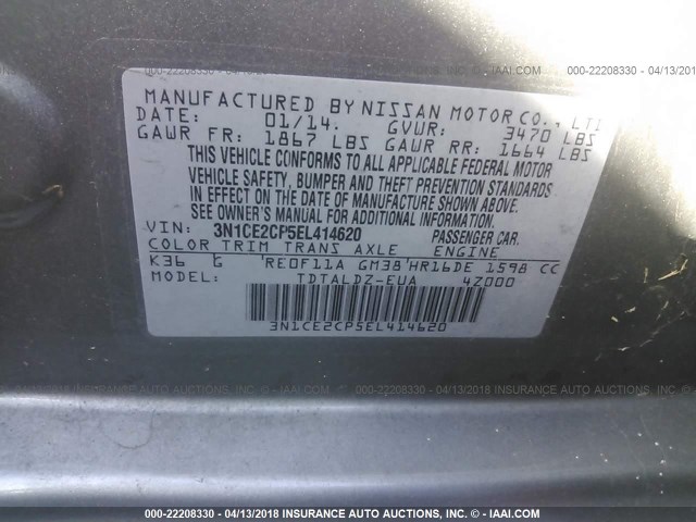 3N1CE2CP5EL414620 - 2014 NISSAN VERSA NOTE S/S PLUS/SV/SL GRAY photo 9