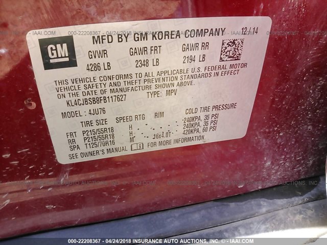 KL4CJBSB8FB117627 - 2015 BUICK ENCORE CONVENIENCE 栗色 照片 9