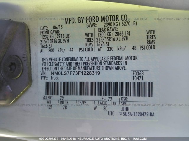 NM0LS7F73F1228319 - 2015 FORD TRANSIT CONNECT XLT WHITE photo 9