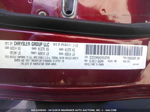 2C3CCAAG4CH216749 - 2012 CHRYSLER 300 RED photo 9