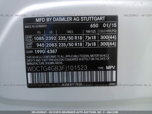 WDCTG4GB3FJ101523 - 2015 MERCEDES-BENZ GLA 250 4MATIC WHITE photo 9