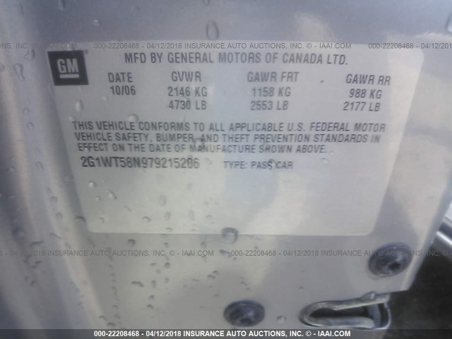 2G1WT58N979215206 - 2007 CHEVROLET IMPALA LT ნაცრისფერი ფოტო 9