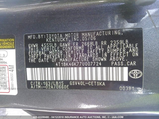 4T1BK46K77U007724 - 2007 TOYOTA CAMRY NEW GENERAT LE/XLE/SE GRAY photo 9