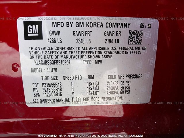 KL4CJBSB3FB210264 - 2015 BUICK ENCORE CONVENIENCE 红色 照片 9