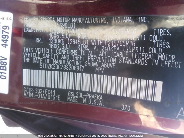 5TDZK23C78S206847 - 2008 TOYOTA SIENNA CE/LE MAROON photo 9