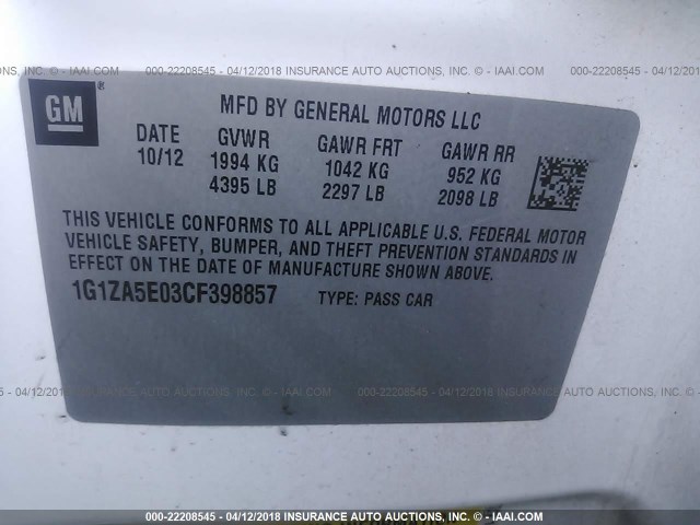 1G1ZA5E03CF398857 - 2012 CHEVROLET MALIBU LS 白色 照片 9