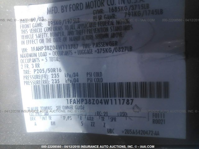 1FAHP38Z04W111787 - 2004 FORD FOCUS ZTS GOLD photo 9