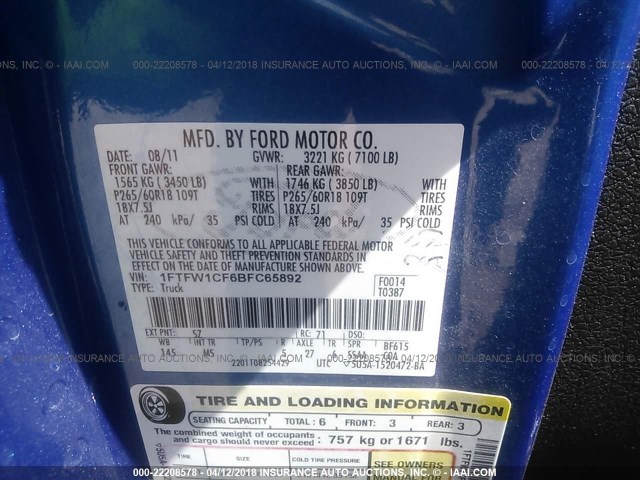 1FTFW1CF6BFC65892 - 2011 FORD F150 SUPERCREW BLUE photo 9