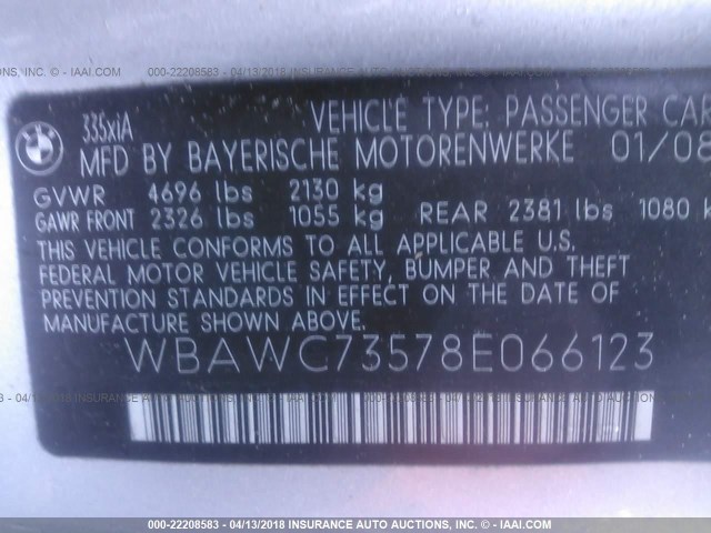 WBAWC73578E066123 - 2008 BMW 335 XI SILVER photo 9