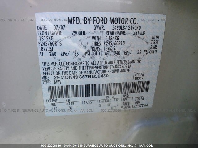 2FMDK49C57BB39450 - 2007 FORD EDGE SEL PLUS TEAL photo 9