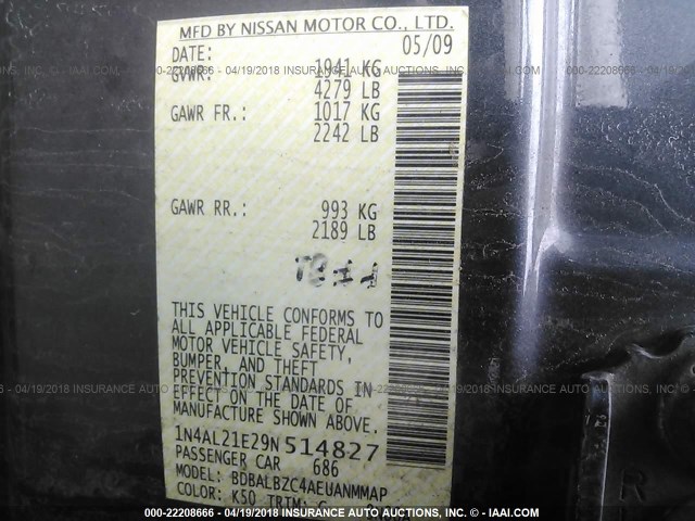 1N4AL21E29N514827 - 2009 NISSAN ALTIMA 2.5/2.5S GRAY photo 9