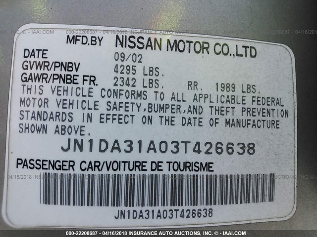 JN1DA31A03T426638 - 2003 NISSAN MAXIMA GLE/SE BEIGE photo 9