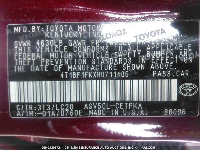 4T1BF1FKXHU711405 - 2017 TOYOTA CAMRY LE/XLE/SE/XSE RED photo 9