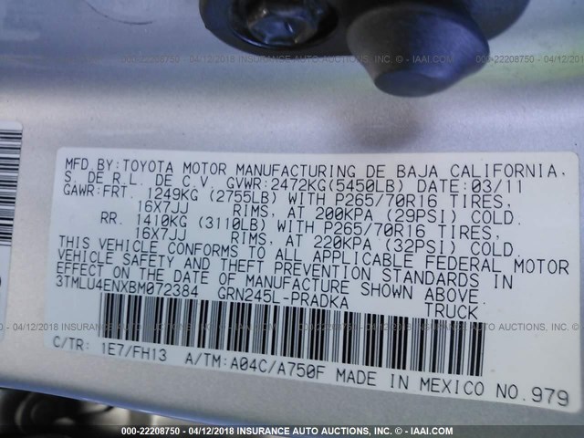 3TMLU4ENXBM072384 - 2011 TOYOTA TACOMA DOUBLE CAB ვერცხლისფერი ფოტო 9