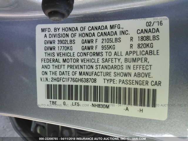 2HGFC1F76GH638708 - 2016 HONDA CIVIC EXL SILVER photo 9
