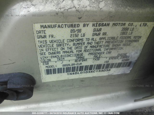 1N4DL01D3XC133036 - 1999 NISSAN ALTIMA XE/GXE/SE/GLE GOLD photo 9