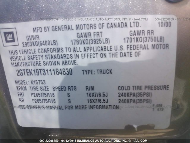 2GTEK19T311184830 - 2001 GMC NEW SIERRA K1500 TAN photo 9